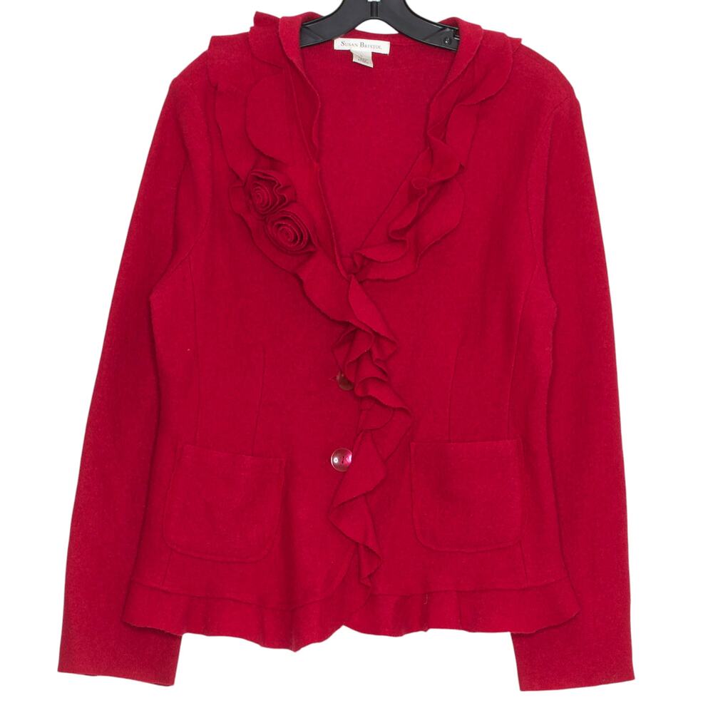 Susan Bristol Cardigan Wool Preppy Ruffle Cottage Y2K Romantic Cozy Red Large